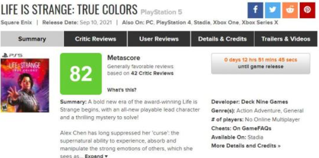 《奇异人生：本色》的媒体评分正式解禁 系列游戏达到了前所未有