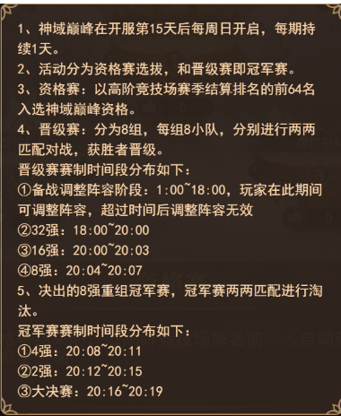 《守护神域》神域巅峰开服15天以后每周日开启其他时间不可以更