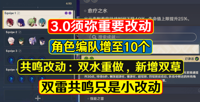 盘点原神3.0须弥重大改动，增加编队、双水重做